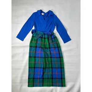 Vintage Blue Plaid Maxi Dress Long Sleeve V Neck Belted Women's M